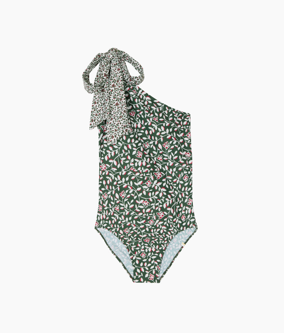 The Bow-Shoulder Ruched Sidestroke - Twilight Floral in Olive