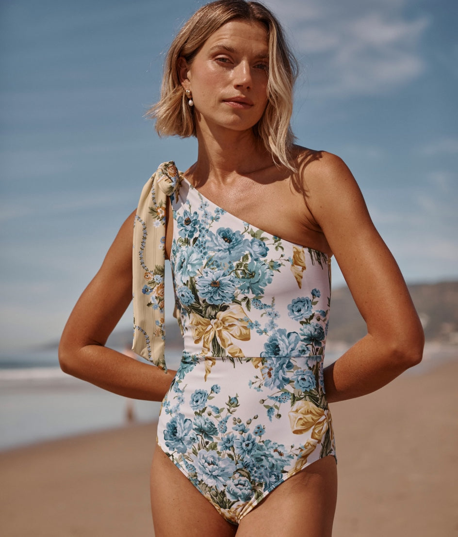 The Long Torso Bow-Shoulder Ruched Sidestroke - Bow Bouquet & Ribbon Cascade