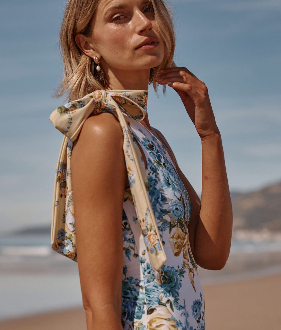 The Long Torso Bow-Shoulder Ruched Sidestroke - Bow Bouquet & Ribbon Cascade