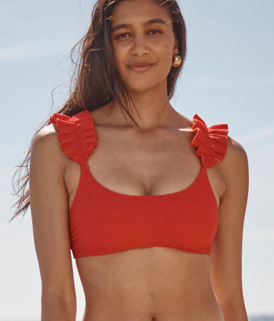 The RippleRib Ruffle Bikini Top - Lava