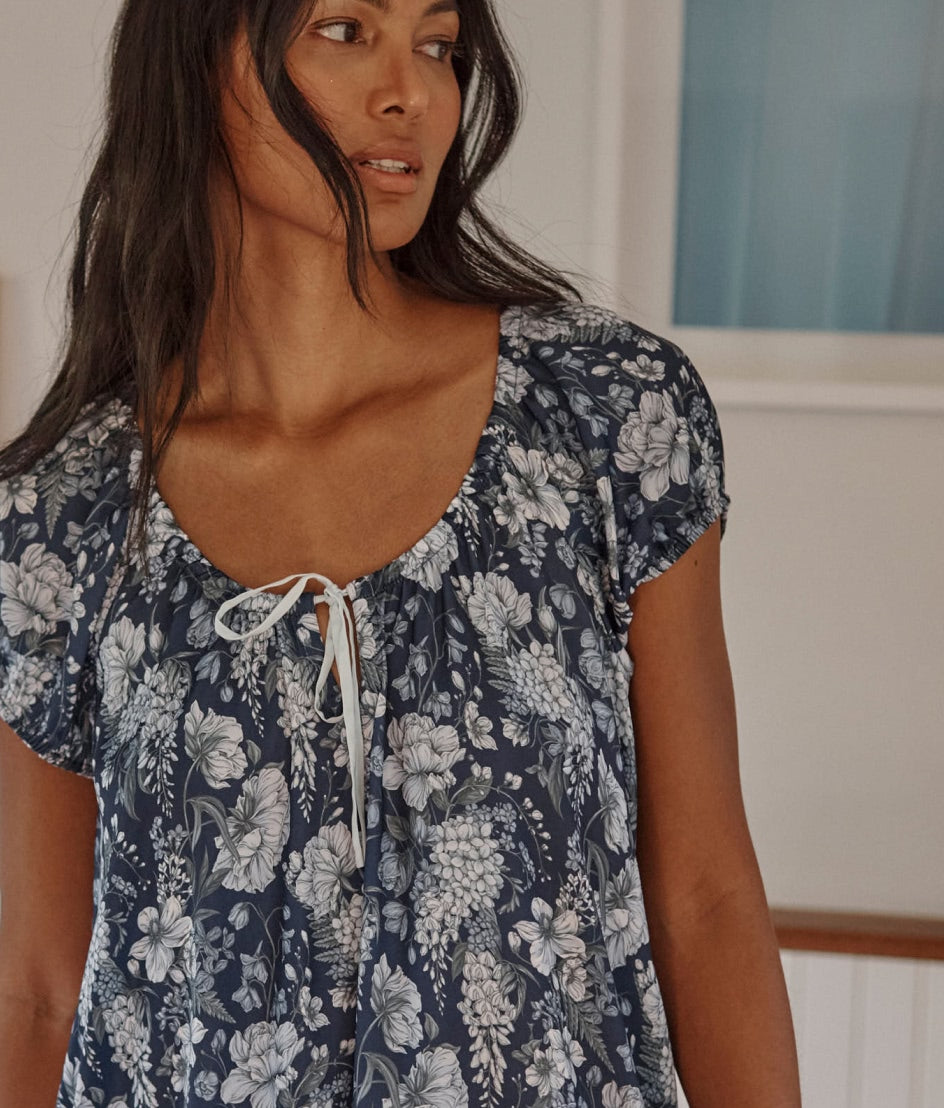 The Silky Luxe Puff Sleeve Nightgown - Wisteria Floral Navy